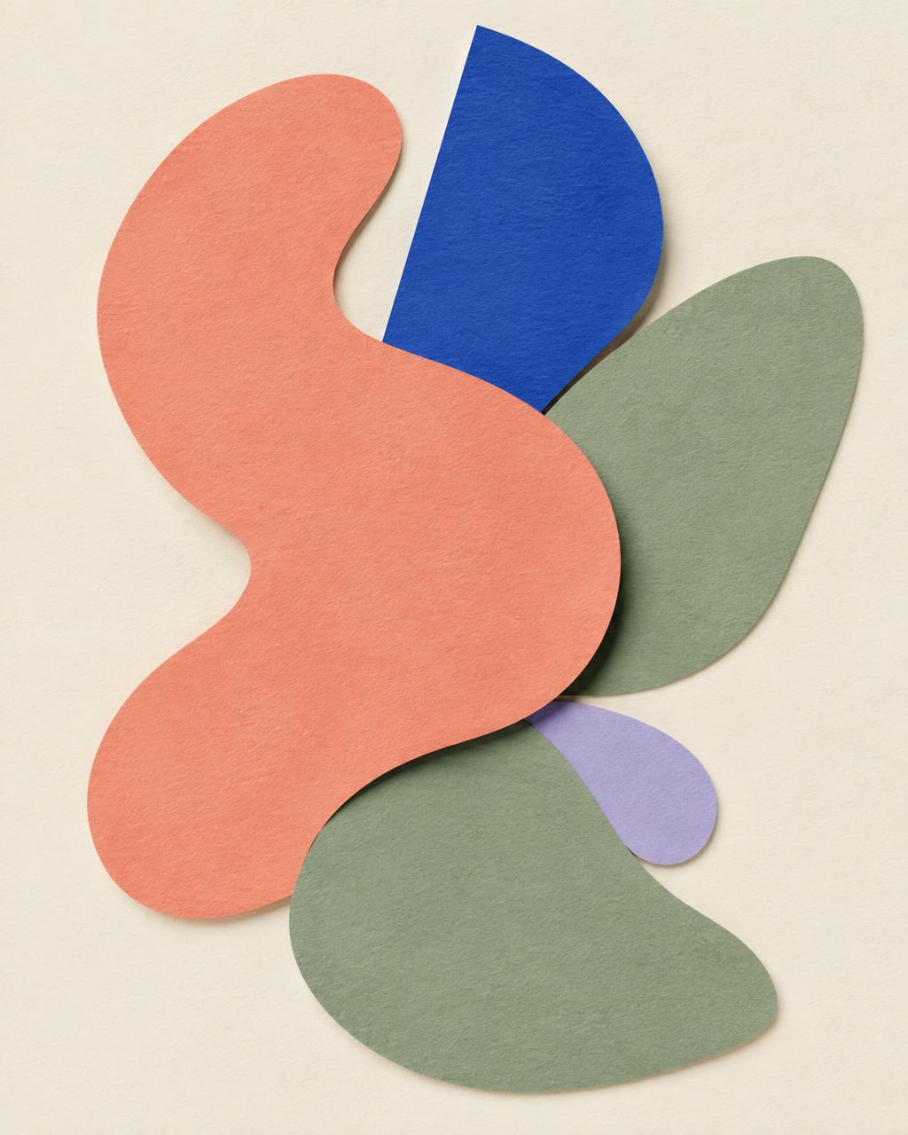 Interlocking coral, sage, lavender and blue paper shapes